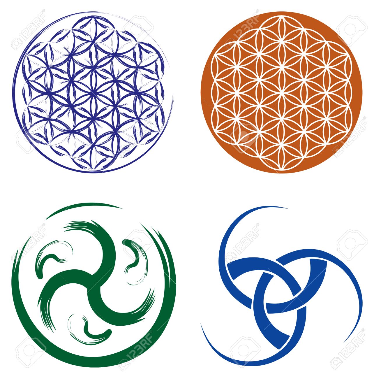 set of celtic symbols triskel celtic knot and flower of life