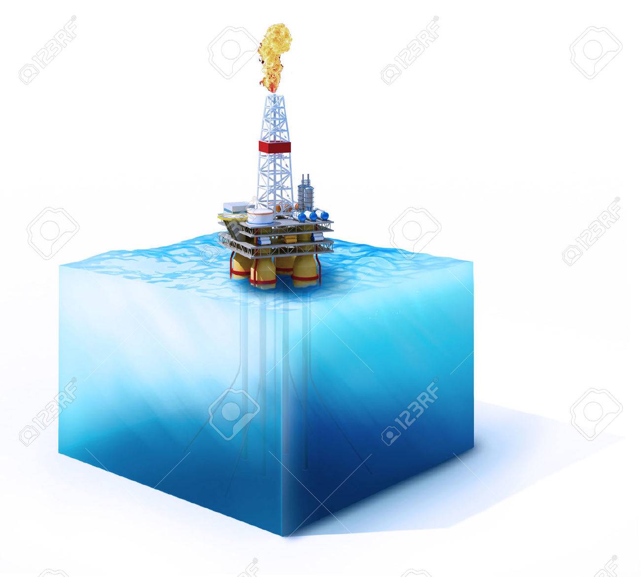 白で隔離石油プラットフォームと海の断面上の 3 D レンダリングされたイラストレーション の写真素材 画像素材 Image
