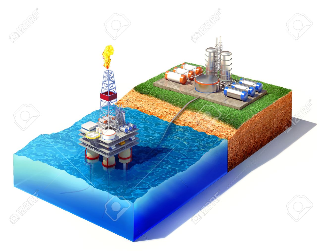 ガスや石油の土地局の輸送湾で石油と天然ガス プラットフォームと海または海の断面の 3 D イラストレーション 白で隔離されます の写真素材 画像素材 Image