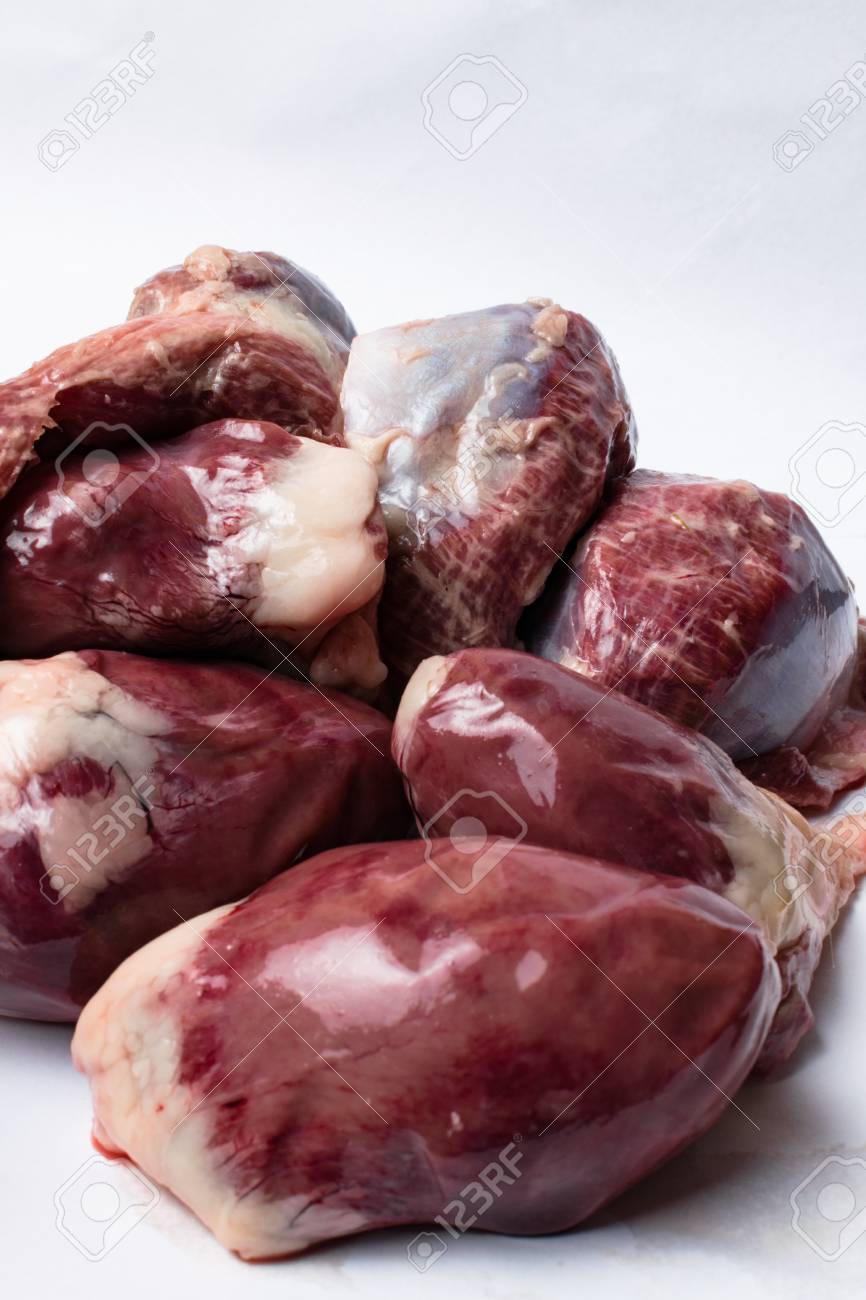 Isolated Bird Chicken Giblets Gizzards Stomachs Hearts Raw