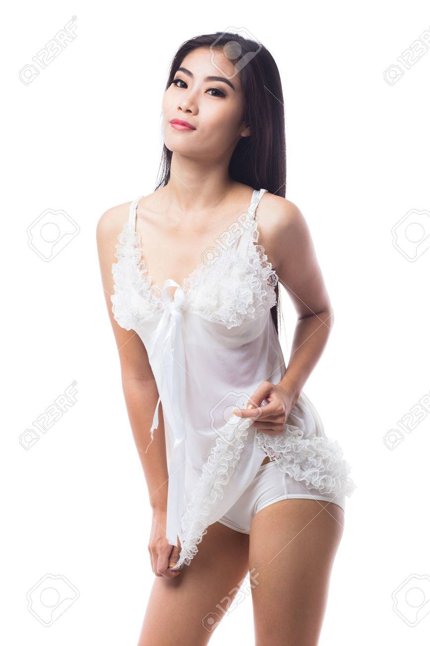 Sexy Asian Woman In White Lingerie, See Through Dress, On White Background  Фотография, картинки, изображения и сток-фотография без роялти. Image  37077126