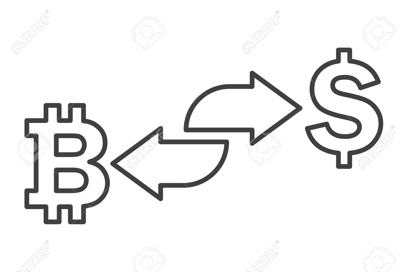 환전 아이콘입니다. 암호화폐를 위한 통화 교환, 비트코인을 위한 달러 교환의 간단한 선형 이미지. 흰색 배경에 고립 된 벡터입니다.  로열티 무료 사진, 그림, 이미지 그리고 스톡포토그래피. Image 183186699