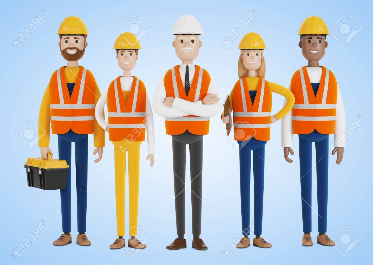 Industrial Workers. A Team Of Builders Wearing Safety Vests And Hard Hats.  3D Illustration In Cartoon Style. Stock Photo, Picture and Royalty Free  Image. Image 154188476., image size:1300x925