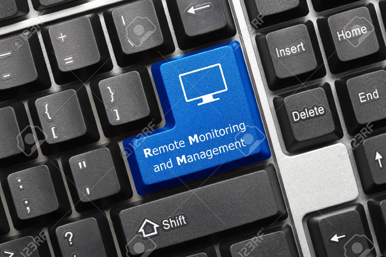 Close-up view on conceptual keyboard - Remote Monitoring and Management (blue key) - 103791218 Close-up view on conceptual keyboard - Remote Monitoring and Management (blue key) - 103791218