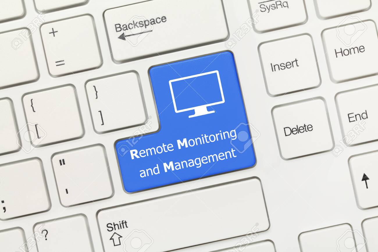 Close-up view on white conceptual keyboard - Remote Monitoring and Management (blue key) - 123830451 Close-up view on white conceptual keyboard - Remote Monitoring and Management (blue key) - 123830451