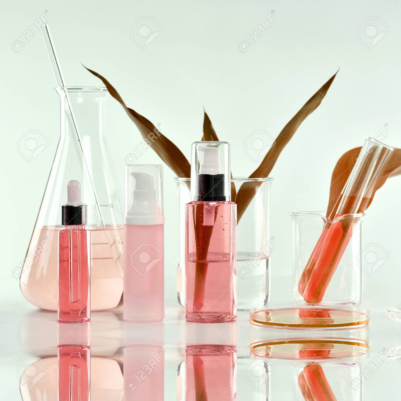Cosmetic bottle containers with green herbal leaves and scientific glassware, Blank label package for branding mock-up, Research and develop natural organic beauty skincare product concept. - 83883846 Cosmetic bottle containers with green herbal leaves and scientific glassware, Blank label package for branding mock-up, Research and develop natural organic beauty skincare product concept. - 83883846