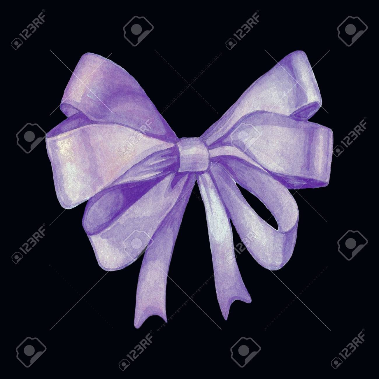 watercolor image of a tied purple ribbon bow on a black background black and purple ribbon