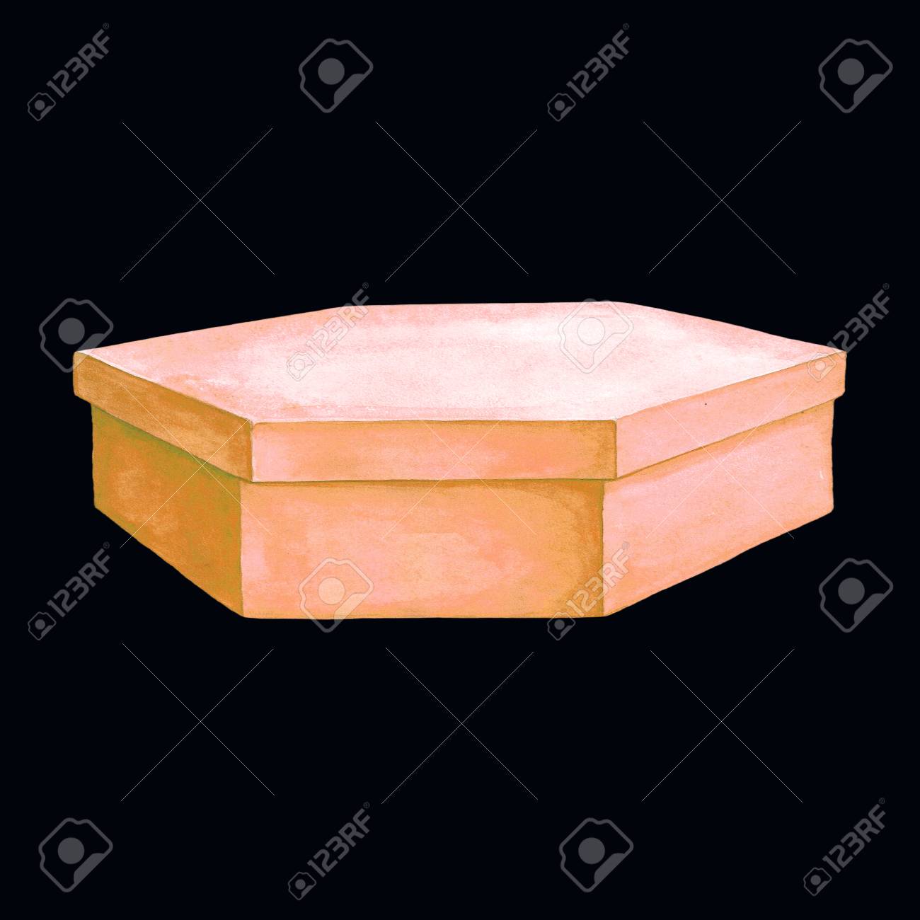 6つのファセットを持つオレンジ色の段ボール箱の水彩画 ヘキサヘドロンパッキング手作りの絵 紙のギフトボックスの写真 の写真素材 画像素材 Image