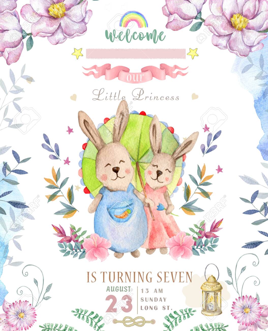 Cute Happy Birthday Card With Cartoon Bunny Watercolor Rabbit
