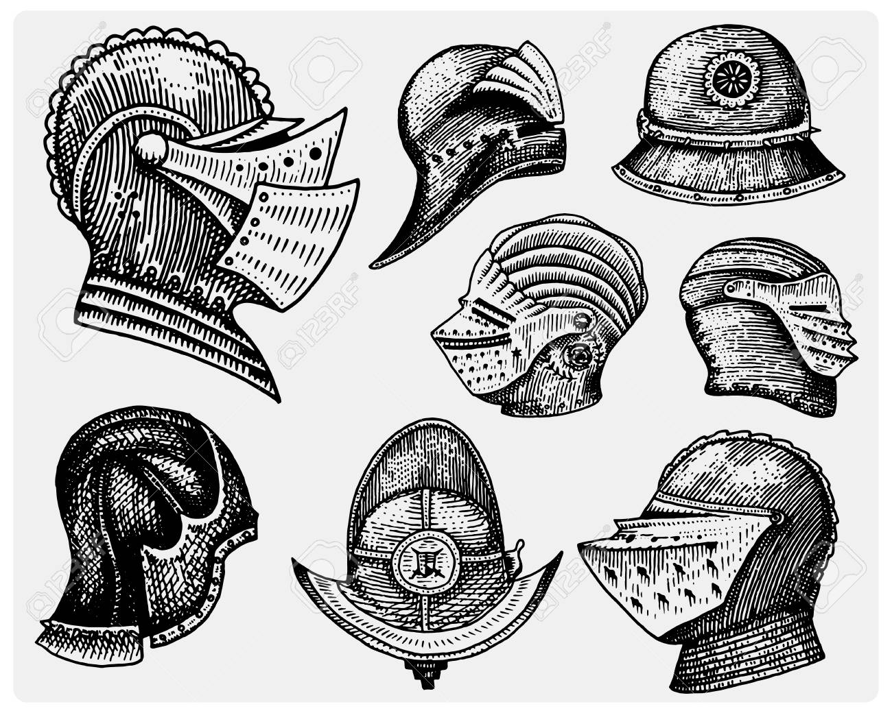 set of medieval symbols battle helmets for knights or kings stock