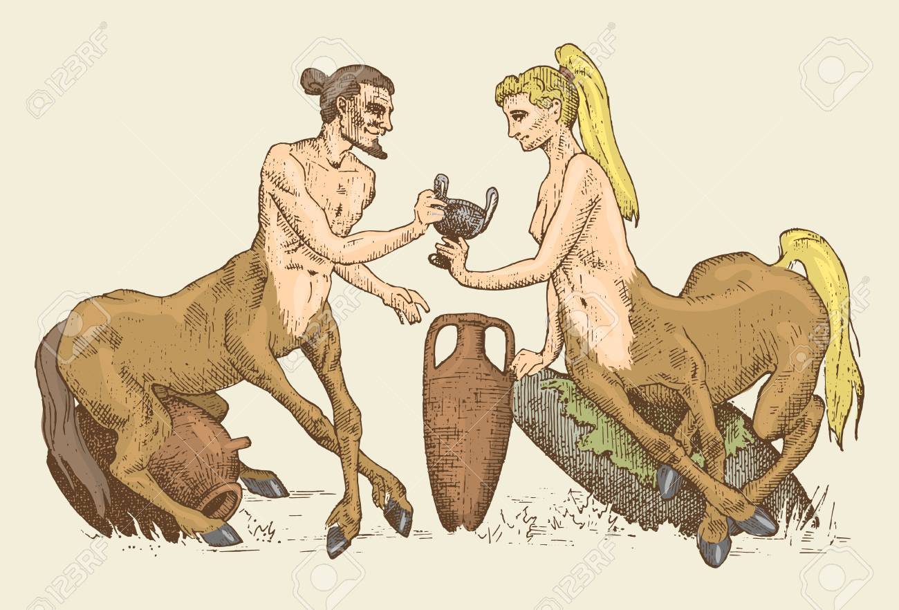 Deux Centaurus Partageant L Illustration Du Vin Dessinee A La Main Ou Gravee A La Recherche D Une Fantaisie Fantastique Des Animaux De Fees Demi Homme Avec Corps De Cheval Mythologie Grecque Clip Art Libres