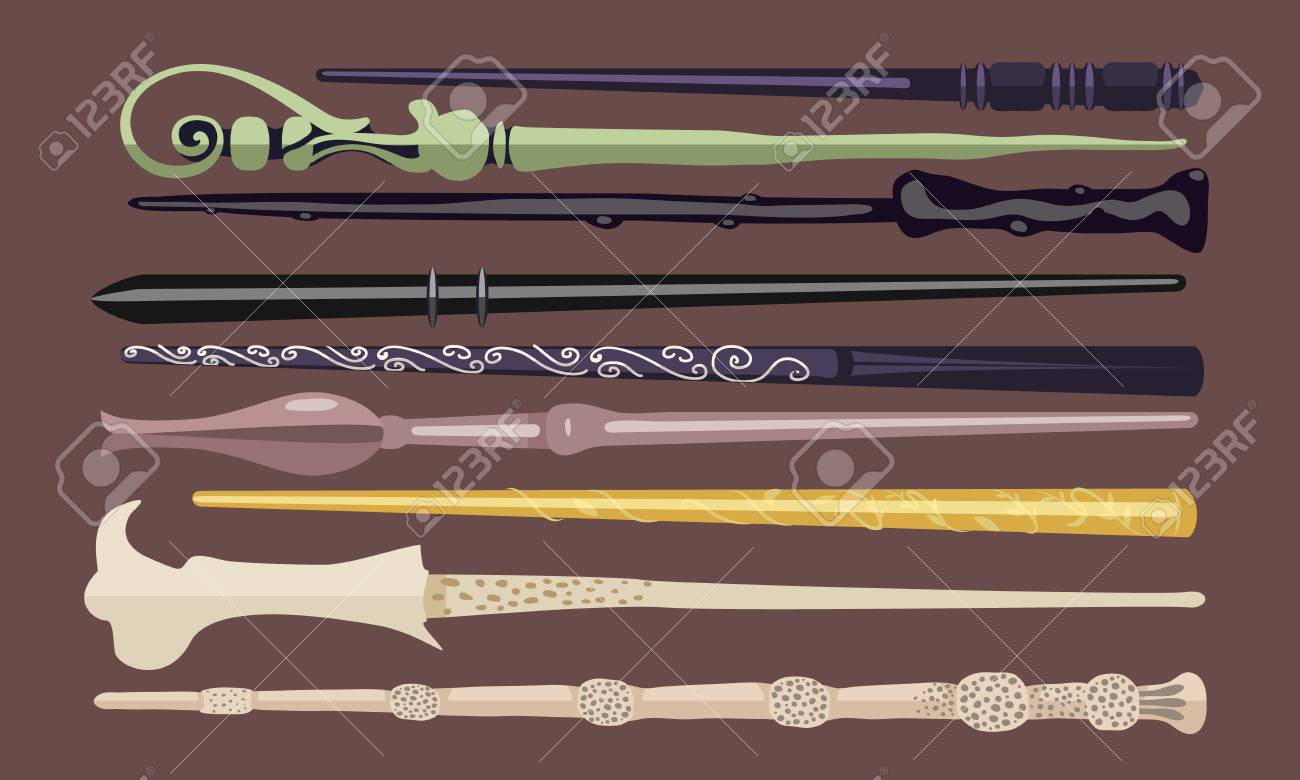 魔女やウィザードの 9 の異なる魔法の杖のセット 魔法学校のファンタジー ゲーム ヴィンテージの魔法の杖のイラスト素材 ベクタ Image