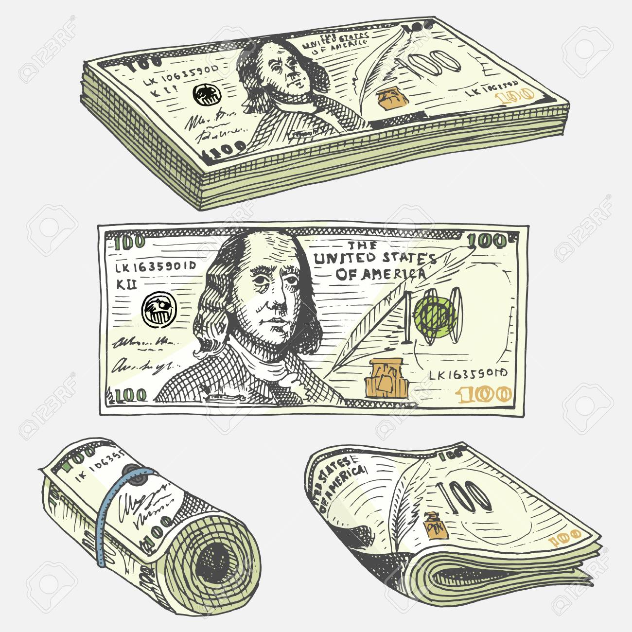 通貨紙幣やアメリカのフランクリン グリーン 100 ドルまたは現金とコインの詳細 刻まれた手の古いスケッチ スタイル ビンテージ金法案アイコンで描画します 米国の経済的な成功 バッグやゴールドの財布 のイラスト素材 ベクタ Image