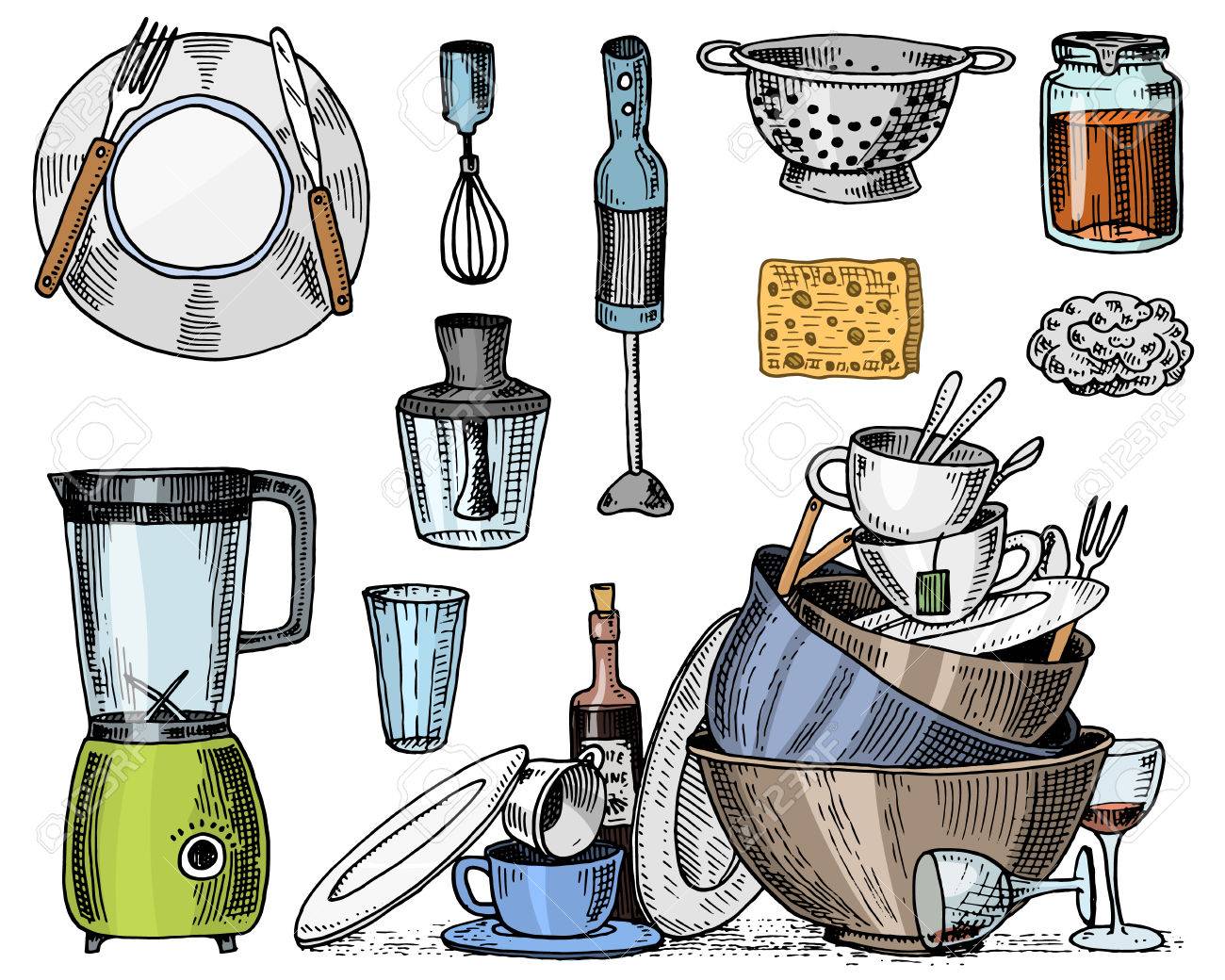 Passoire, mélangeur et presse-agrumes, vaisselle sale, confiture et éponge pour le lavage. Chef et ustensiles de cuisine sales, produits de cuisine Passoire, mélangeur et presse-agrumes, vaisselle sale, confiture et éponge pour le lavage. Chef et ustensiles de cuisine sales, produits de cuisine