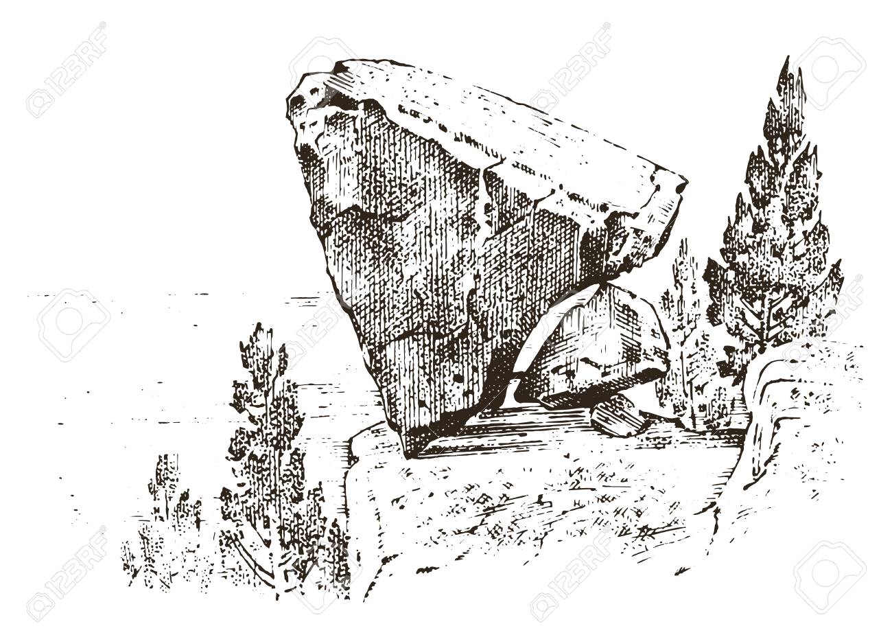 古代の洞窟 人の遺体と木や石の石の先史時代の家 森林の風景 自然のままの文明の生息地 クローズアップ 古いスケッチで描かれた彫刻された手 ヴィンテージスタイルのイラスト素材 ベクタ Image