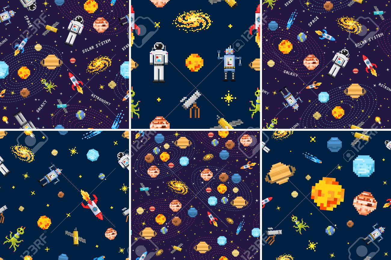 スペースシームレスなパターンセット背景 エイリアン宇宙飛行士 ロボットロケットや衛星キューブ太陽系惑星ピクセルアート デジタルヴィンテージゲームスタイル 水星 金星 地球 火星 木星 土星のイラスト素材 ベクタ Image