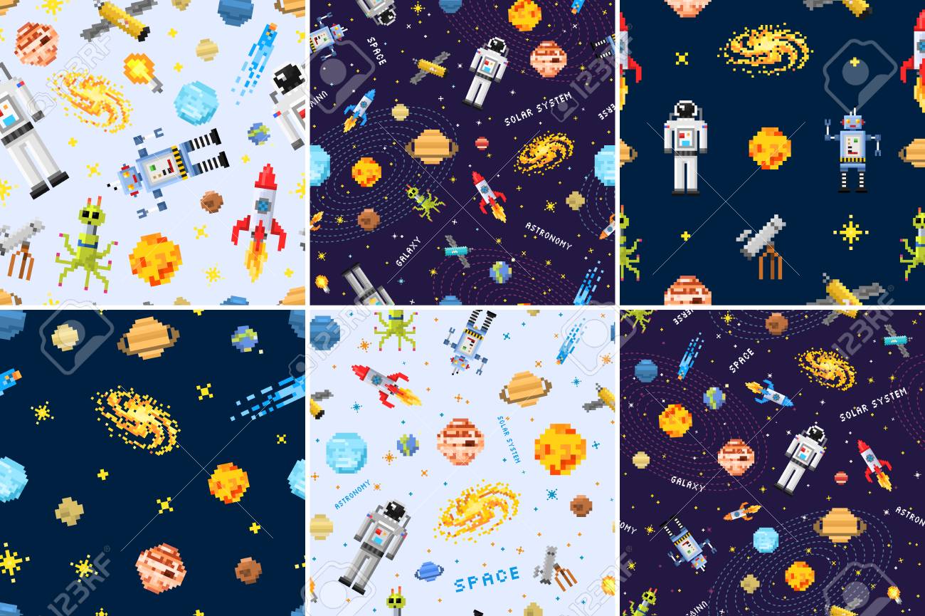 スペースシームレスパターンセット背景 エイリアン宇宙飛行士 ロボットロケットや衛星キューブ太陽系惑星ピクセルアート デジタルヴィンテージゲームスタイル 水星 金星 地球 火星 木星 土星のイラスト素材 ベクタ Image