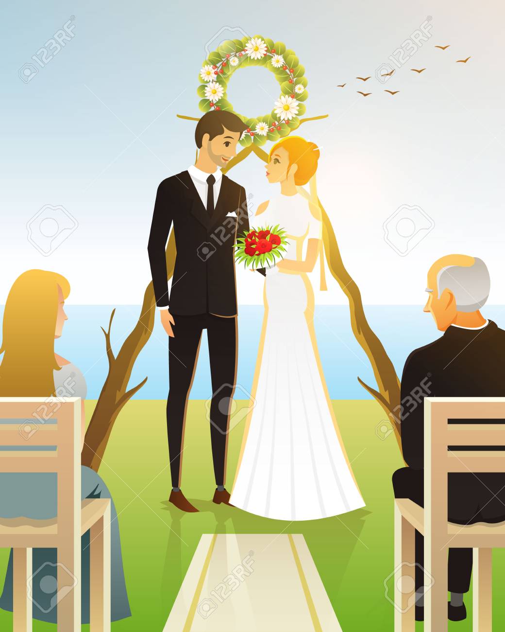 Mariee Et Le Marie Ceremonie De Mariage Sur La Plage Au Bord De La Mer Jeunes Maries Saint Valentin Carte D Illustration Vectorielle Concept De L Amour Tout Juste Marie Paysage D Ete Banniere Affiche
