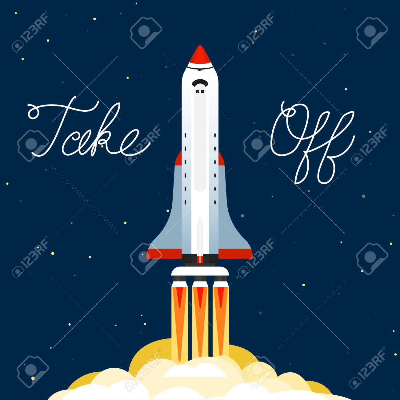 The Rocket Launched Into The Sky. Space Flight On A Missile. Spaceship In  The Galaxy On A Dark Background. A Flash Of Light At Startup. Template For  Banners Клипарты, SVG, векторы, и