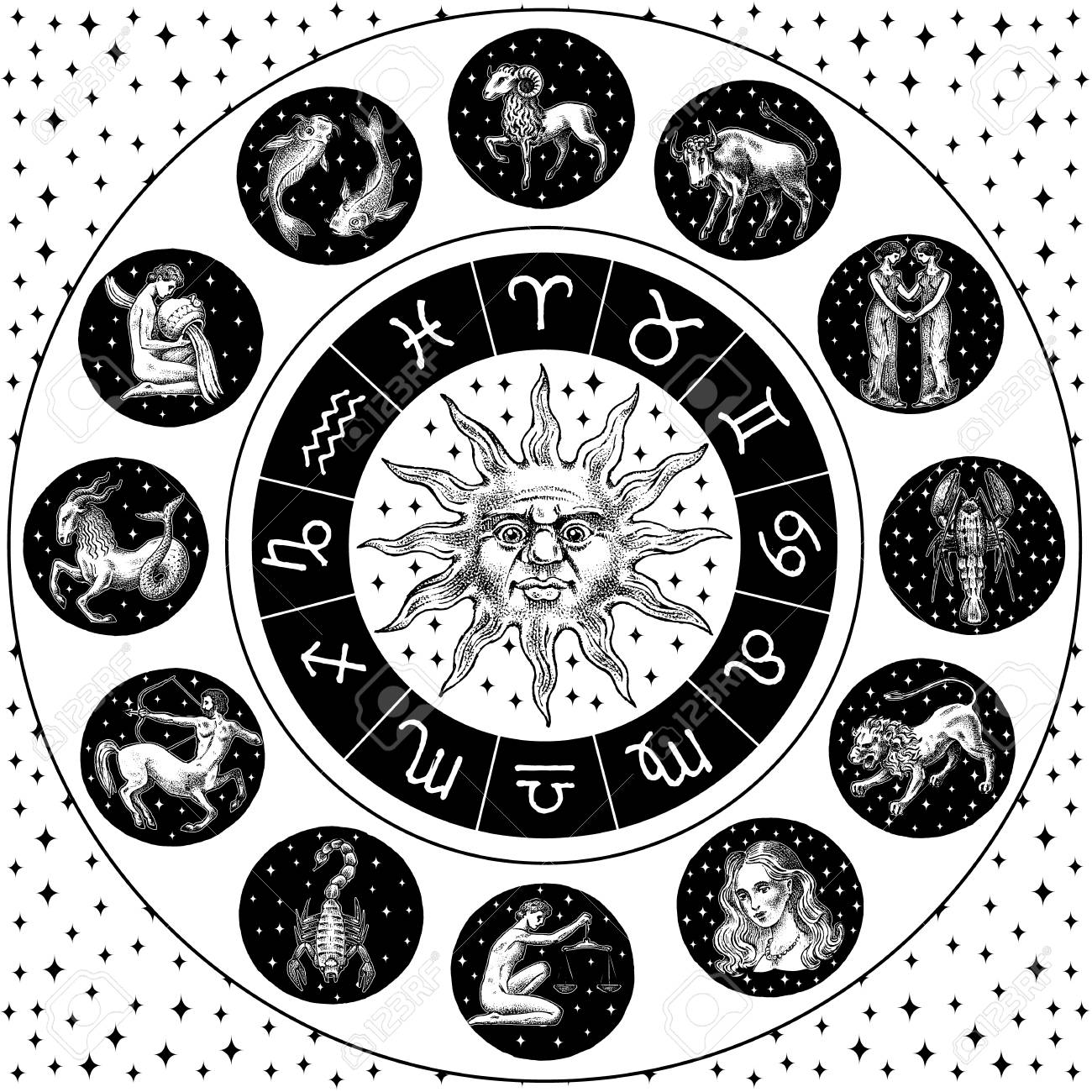 Zodiac Wheel. Astrology horoscope with circle, sun and signs. Calendar template on black background. Collection outline animals. Poster or banner, Label or sticker. Engraved hand drawn vintage sketch - 115598511 Zodiac Wheel. Astrology horoscope with circle, sun and signs. Calendar template on black background. Collection outline animals. Poster or banner, Label or sticker. Engraved hand drawn vintage sketch - 115598511