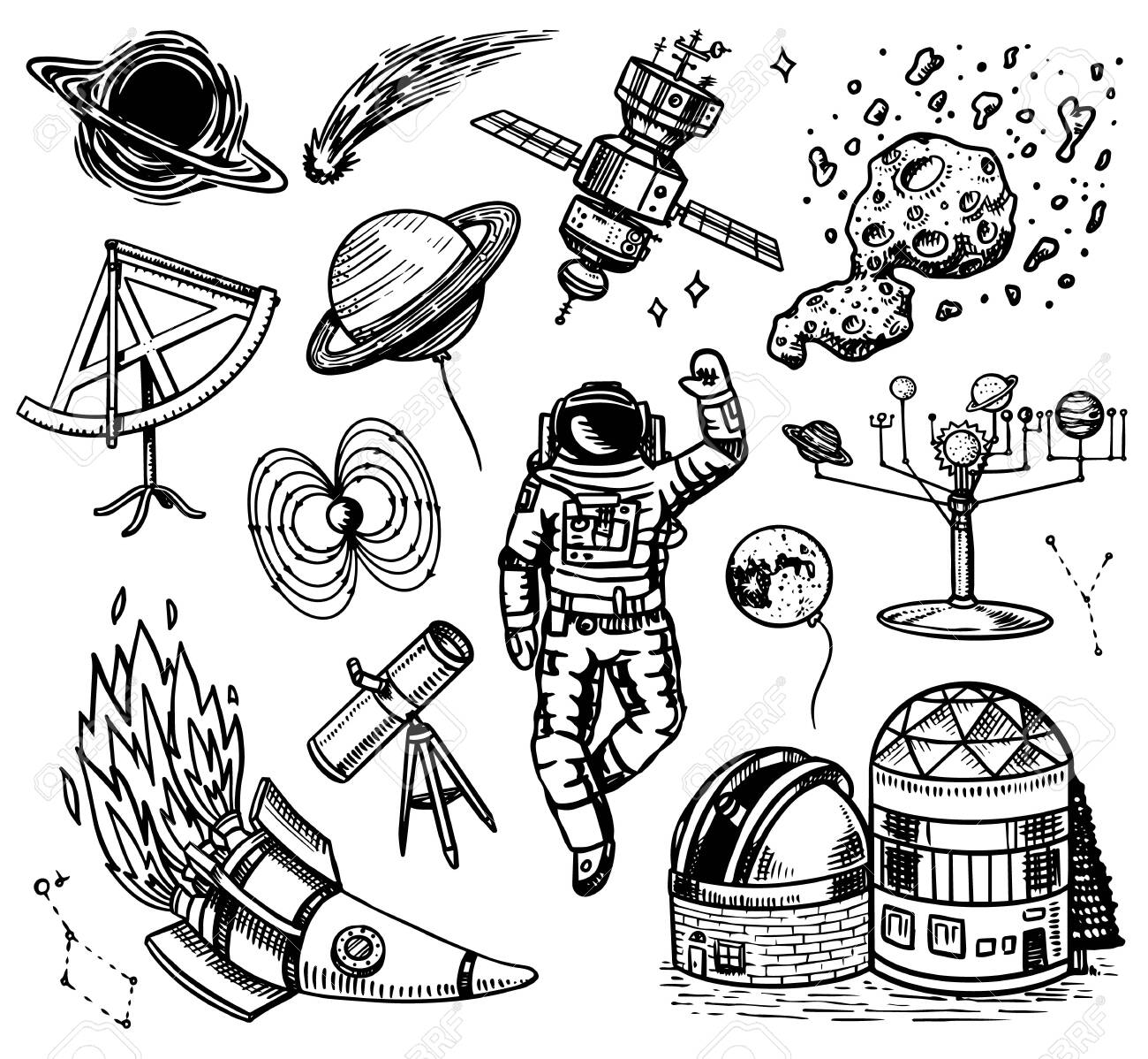 Astronomy background in vintage style. Space and cosmonaut, moon and spaceships, meteorite and stars, planets and observatory. Hand drawn in retro doodle style. - 128029146 Astronomy background in vintage style. Space and cosmonaut, moon and spaceships, meteorite and stars, planets and observatory. Hand drawn in retro doodle style. - 128029146
