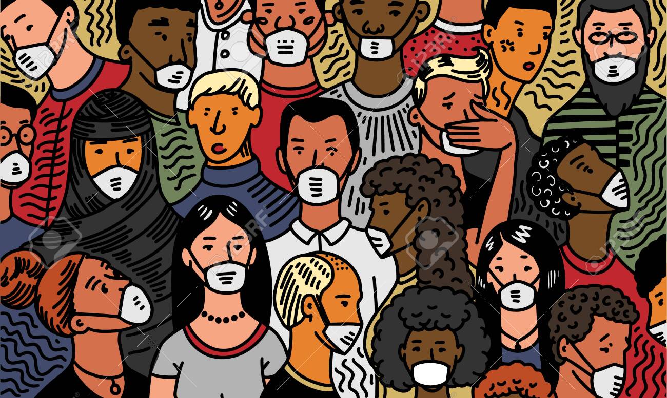 Coronavirus pandemic or COVID-19. Crowd of people in antiviral medical masks. Humans infect bacteria. Epidemic. Risk of illness spreading. Quarantine. Severe acute respiratory syndrome - 142382437 Coronavirus pandemic or COVID-19. Crowd of people in antiviral medical masks. Humans infect bacteria. Epidemic. Risk of illness spreading. Quarantine. Severe acute respiratory syndrome - 142382437
