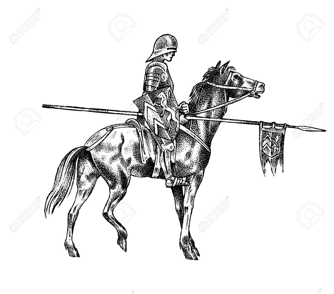 Medieval Armed Knight Riding A Horse. Historical Ancient Military  Character. Prince With A Spear And A Flag. Ancient Fighter. Vintage Vector  Sketch. Engraved Hand Drawn Illustration. Royalty Free SVG, Cliparts,  Vectors, and, image size:1300x1147