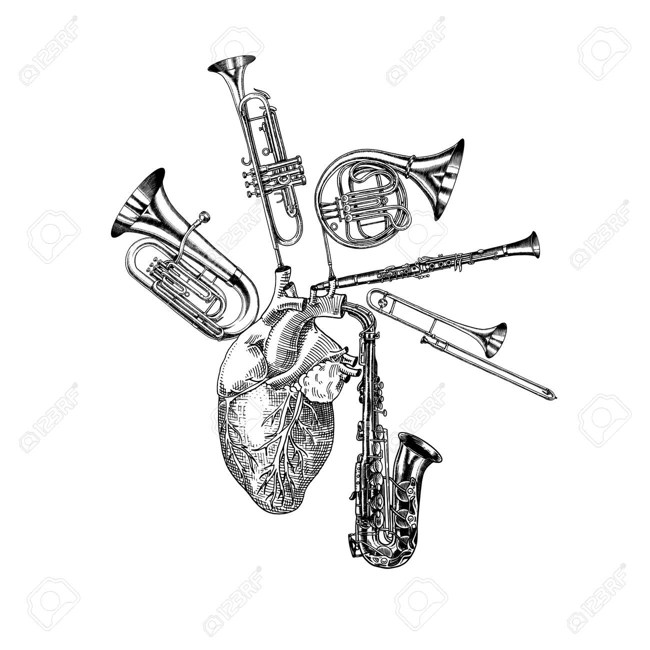 ホルンのアートエッチングのようなリトグラフです