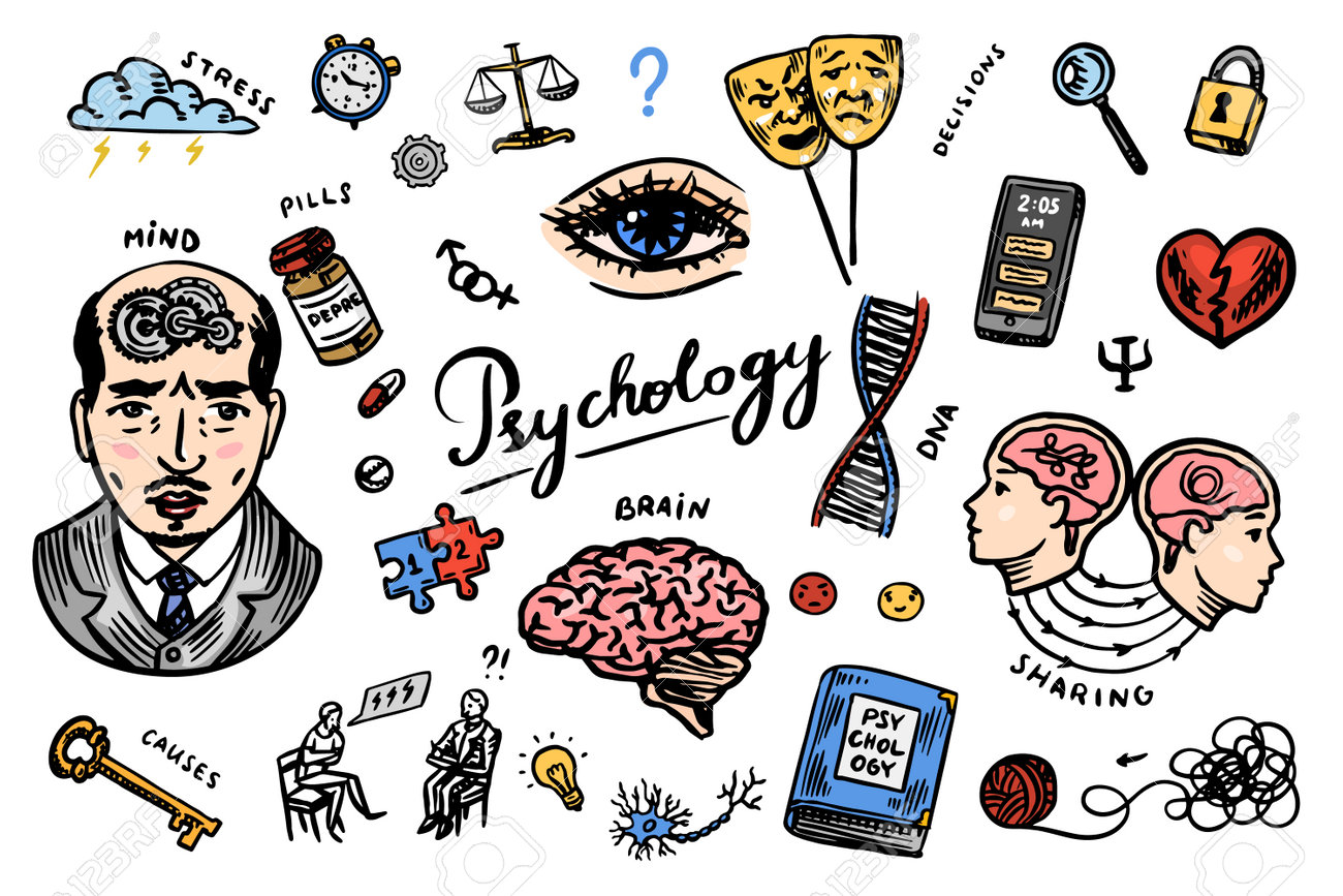 Psychology Science Symbols. Psychologist Online. Clew And Dna, Puzzle And  Key. Hand Drawn Sketch. Psychological Help. Brain And Mind And Mental  Health. Vintage Retro Signs. Doodle Style. Royalty Free SVG, Cliparts,  Vectors,, image size:1300x867