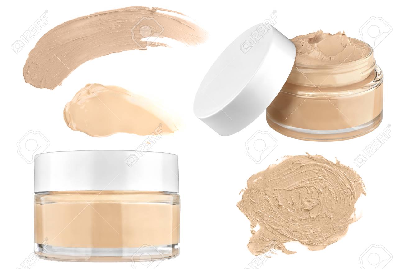 高級ガラス顔クリーム ファンデーションを開き コンテナーを閉じて白い背景に分離された 3 つの不鮮明色サンプル の写真素材 画像素材 Image 7910