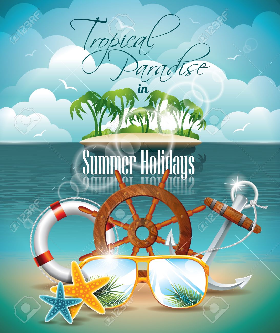 summer holiday flyer design with palm trees and shipping elements holiday flyer