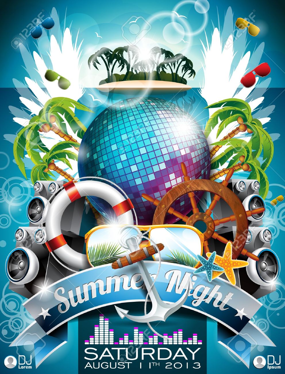 summer beach party flyer design with disco ball and shipping beach party flyer