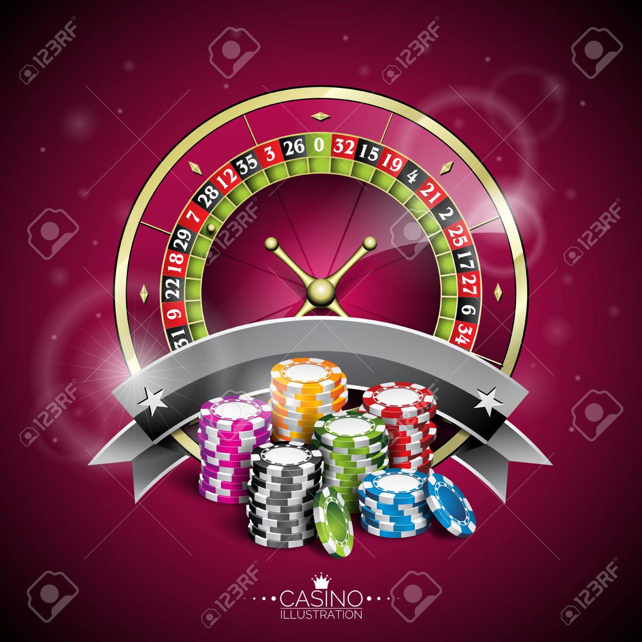 ルーレットのホイールと紫色の背景にチップを再生オンラインカジノのテーマのベクトル図 デザイン のイラスト素材 ベクタ Image