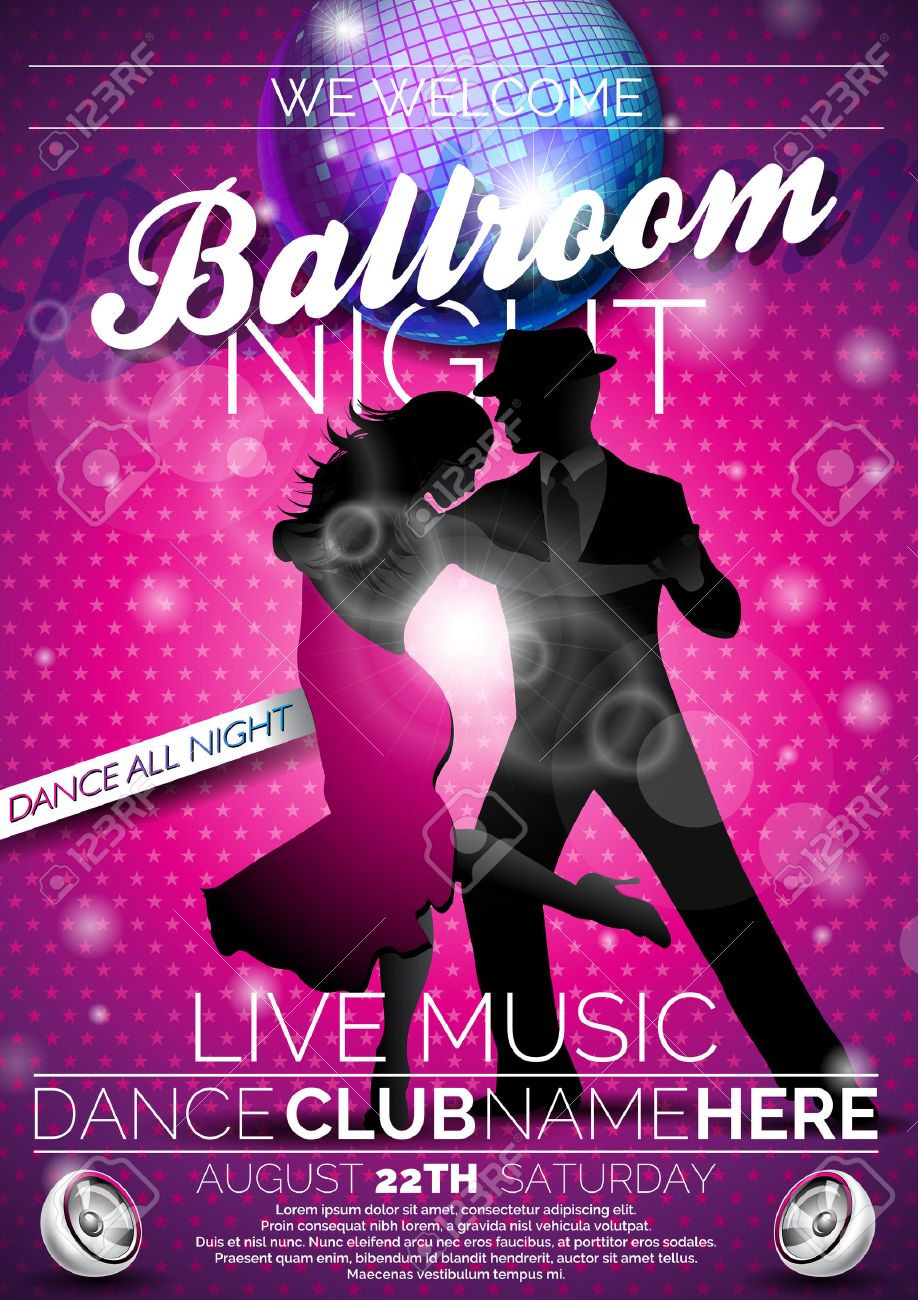 vector ballroom night party flyer design with couple dancing