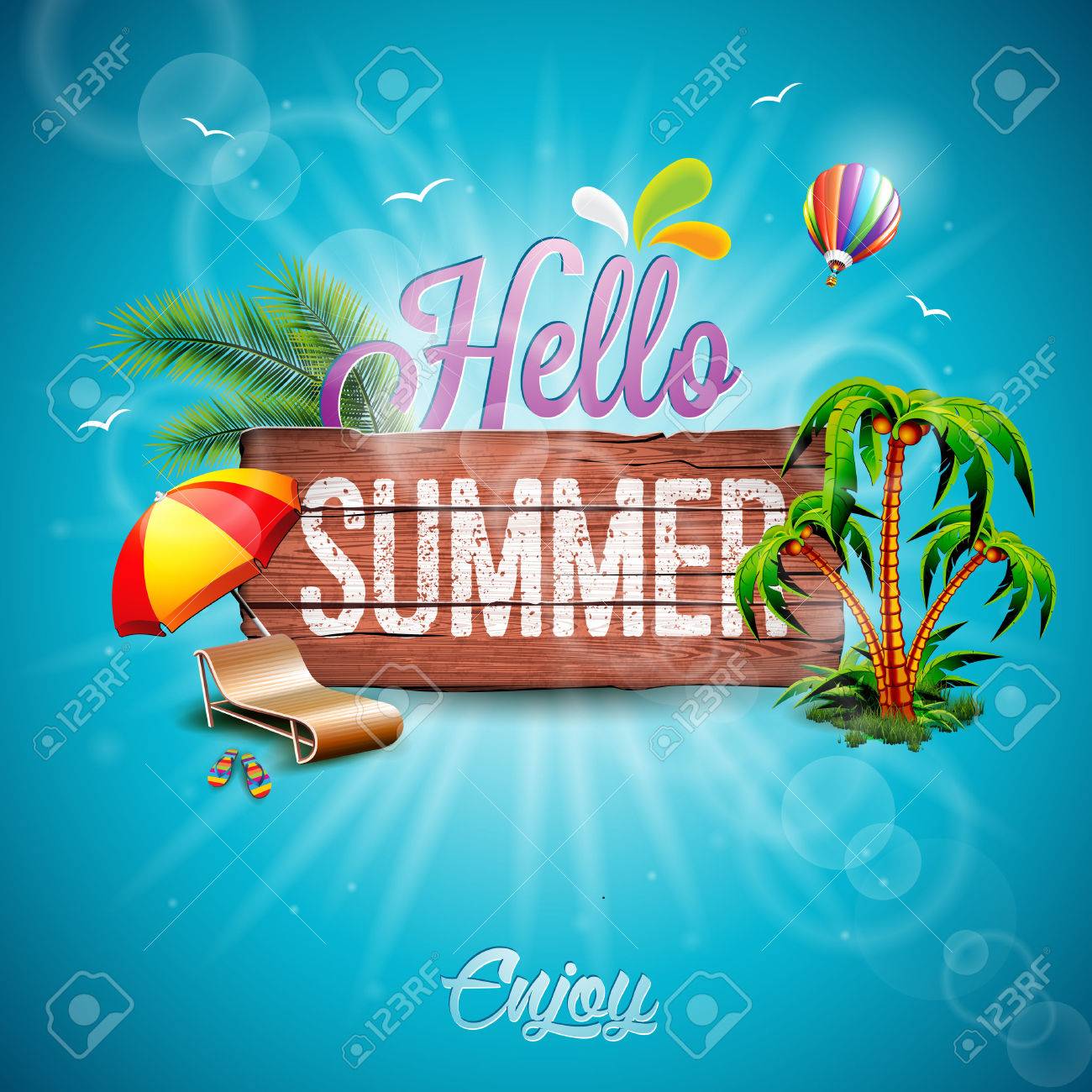 Hello Summer Holiday typographic illustration with tropical plants, flower and hot air balloon on vintage wood background. - 57961515 Hello Summer Holiday typographic illustration with tropical plants, flower and hot air balloon on vintage wood background. - 57961515