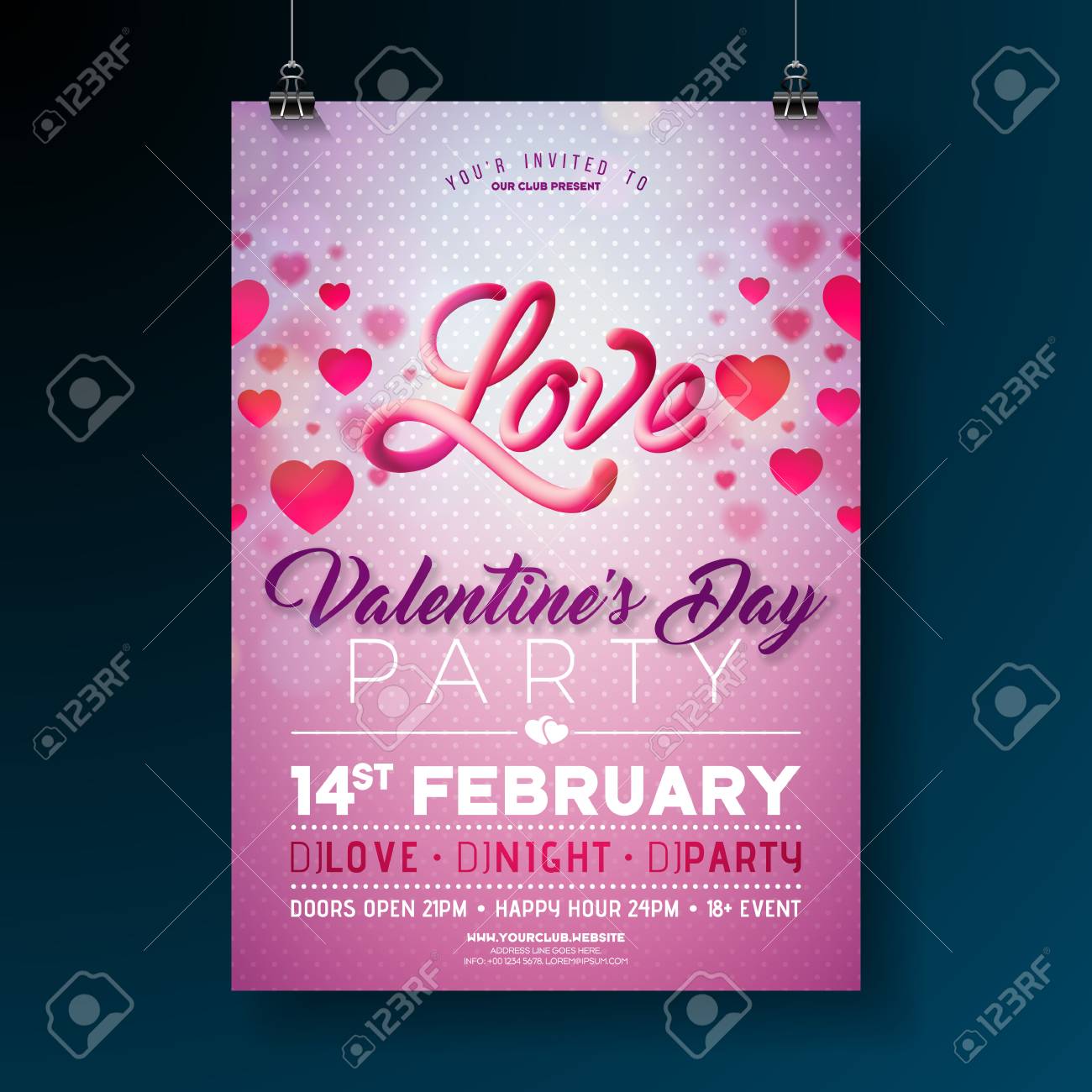 vector valentines day party flyer design with love typography letter