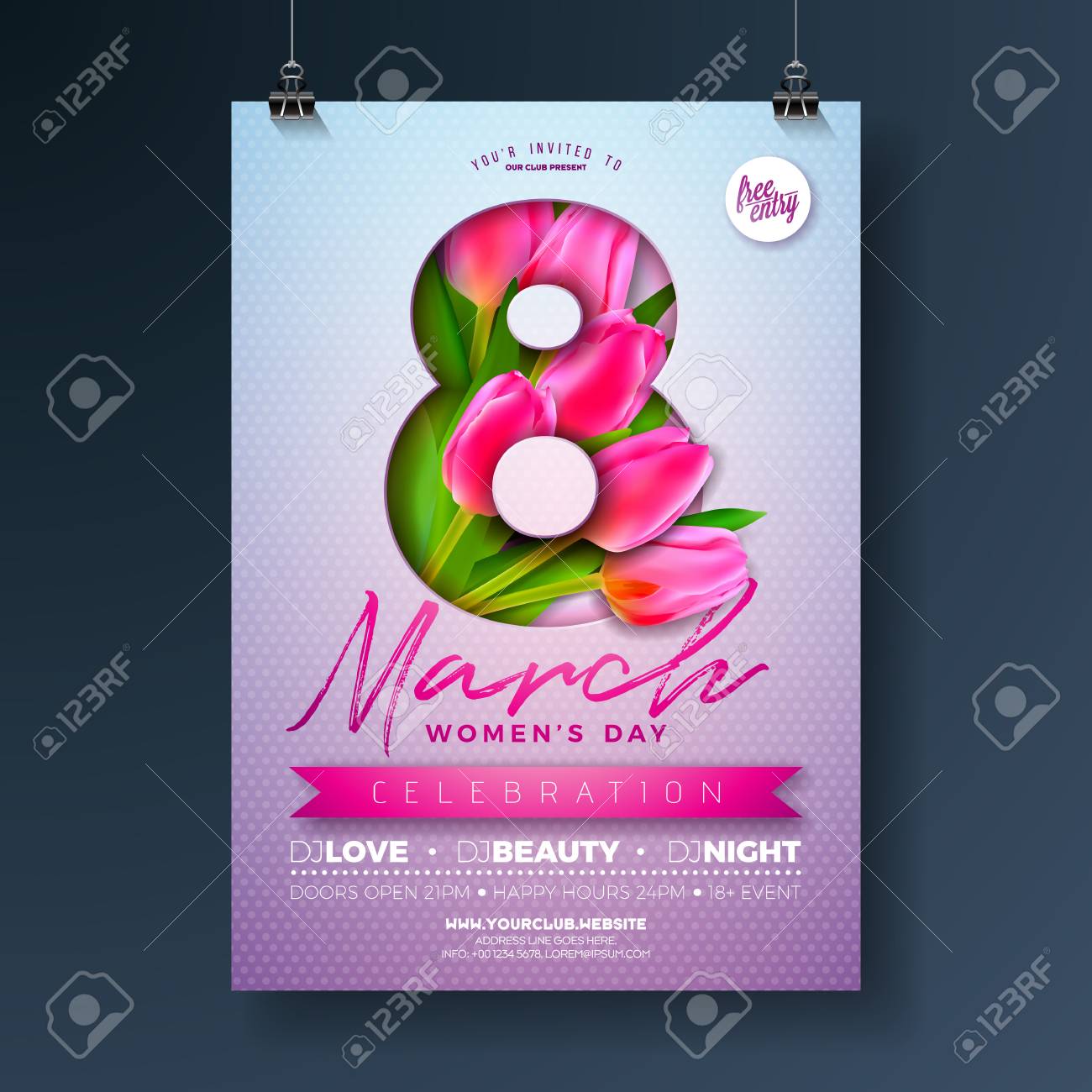 チューリップフラワーブーケとピンクの背景に8 3月タイポグラフィレターと女性の日パーティーチラシイラスト お祝いのポスター バナーや招待状のための8 3月の女性の休日のデザイン のイラスト素材 ベクタ Image