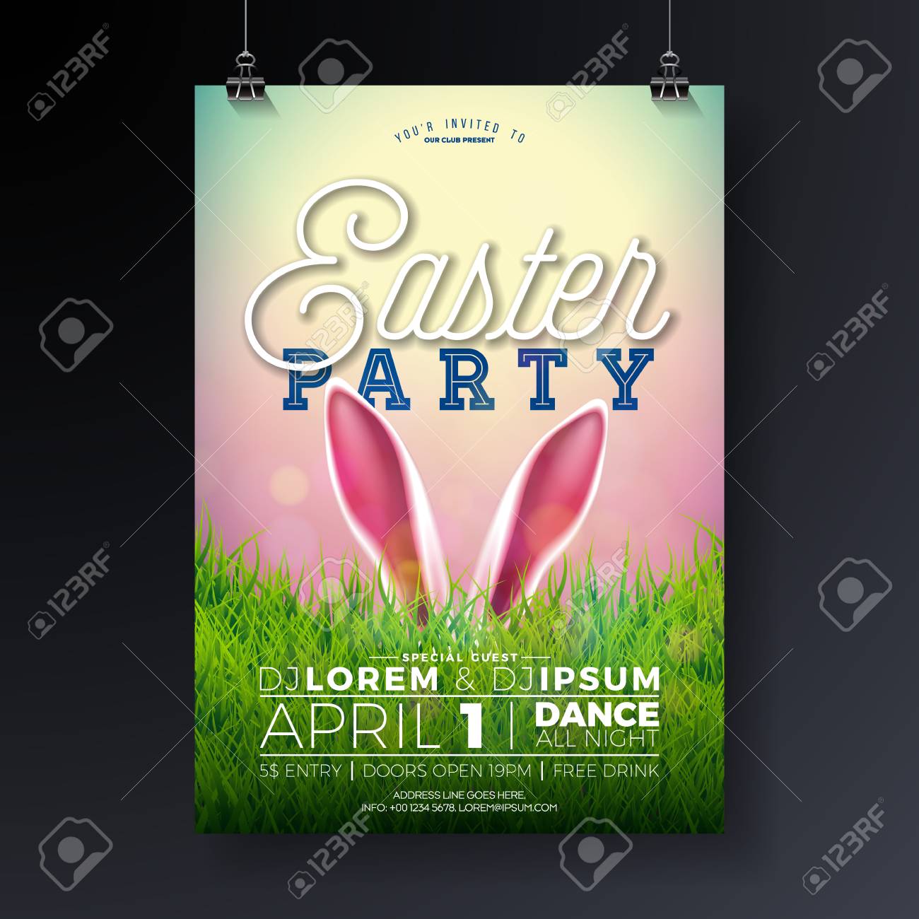 vector easter party flyer illustration with rabbit ears and typography easter party flyer