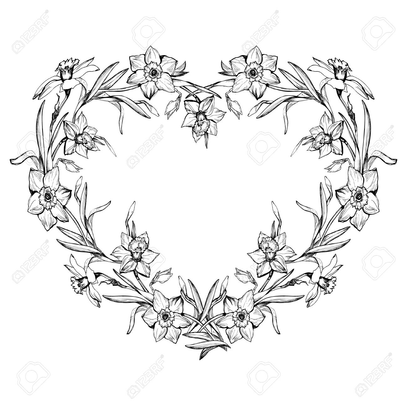 Ornamental Black And White Floral Border In Contour Form Of Heart
