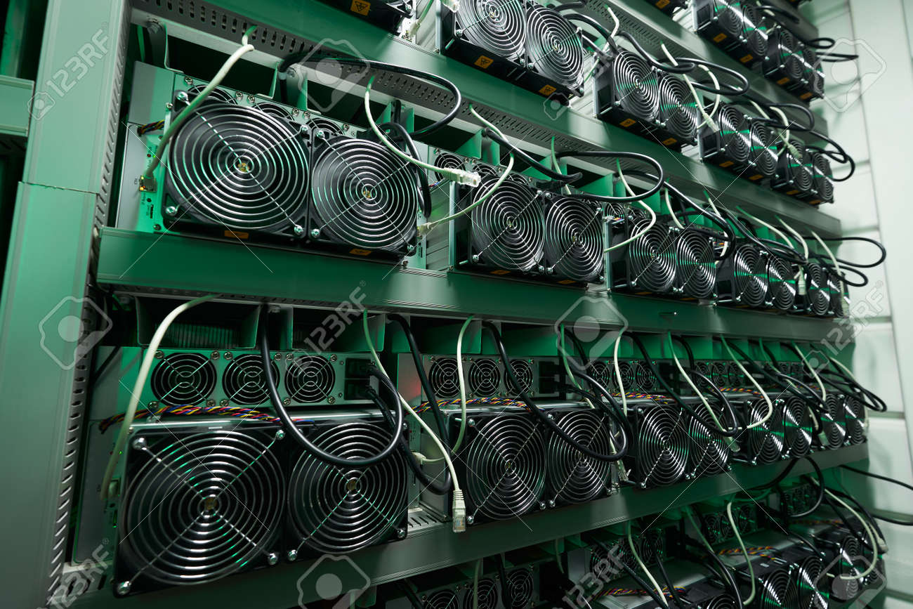 Mineros De Bitcoin En Una Gran Granja. El Equipo De Minería ASIC En  Bastidores De Soporte Extrae Criptomonedas En Contenedores De Acero. Centro  De Datos De Circuito Integrado Específico De La Aplicación