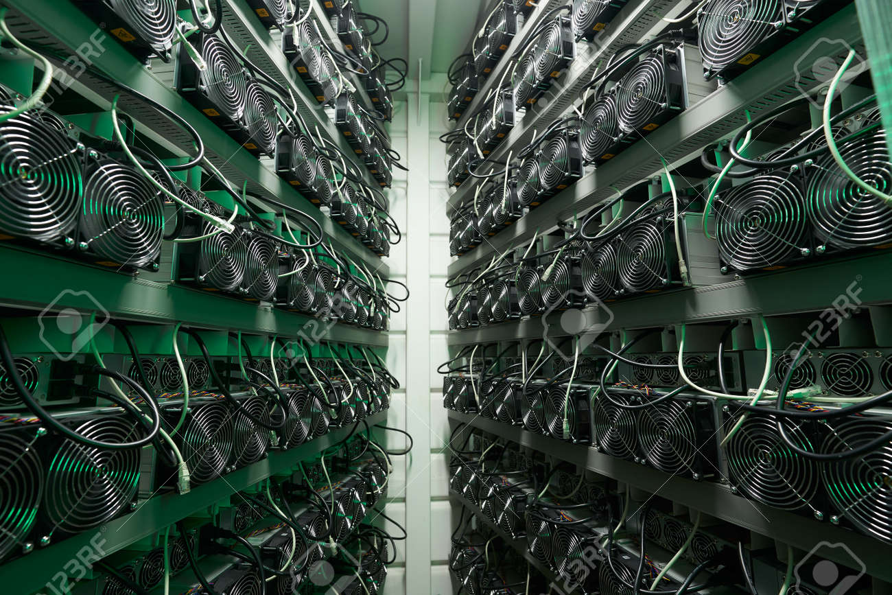 Mineiros De Bitcoin Em Grande Fazenda. O Equipamento De Mineração ASIC Em  Racks De Suporte Mina Criptomoeda Em Contêiner De Aço. Centro De Dados De  Circuito Integrado Específico Da Aplicação De Tecnologia