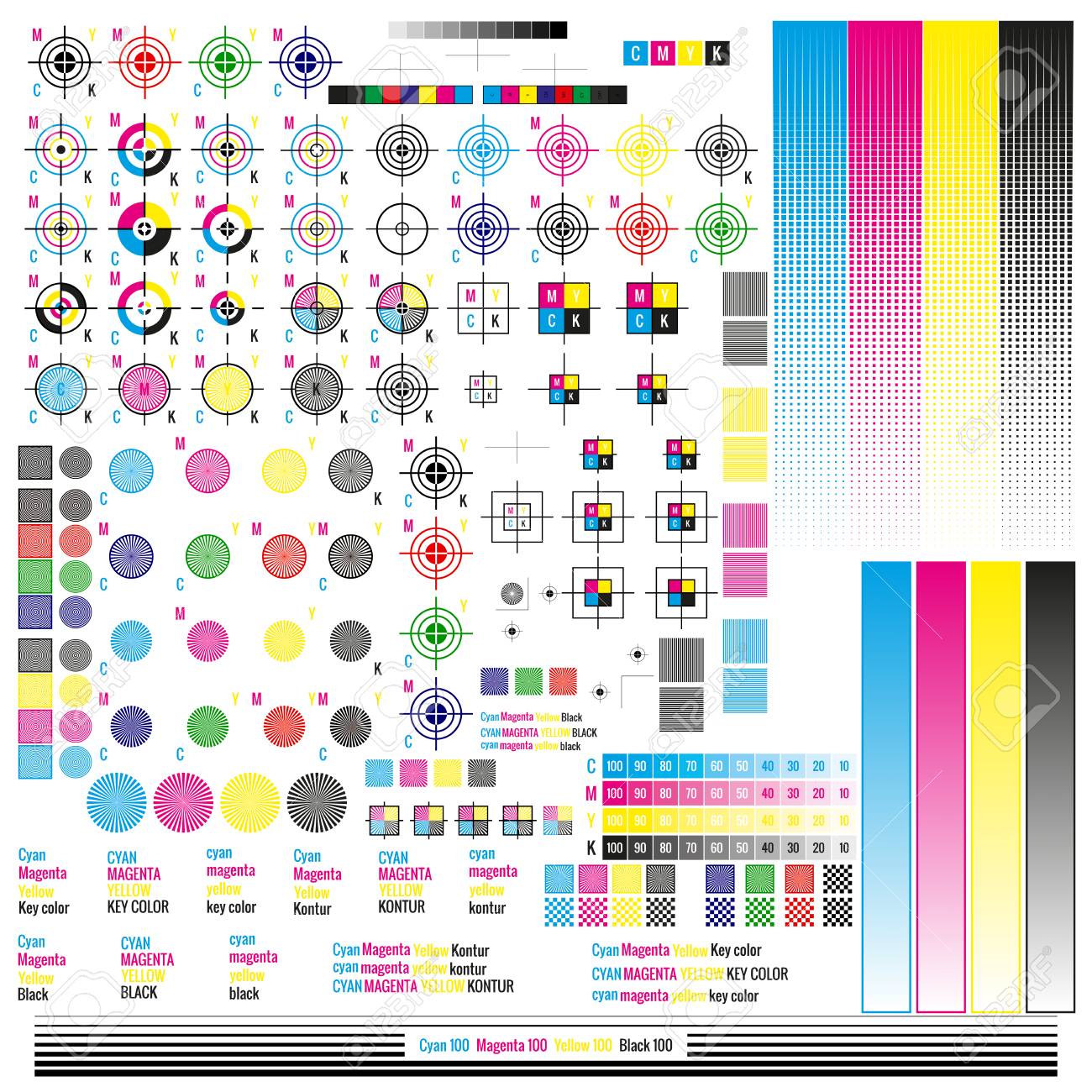 CMYK color management elements. Publishing graphic symbol utilities. Press mark. Calibration, cutting marks. - 115103865 CMYK color management elements. Publishing graphic symbol utilities. Press mark. Calibration, cutting marks. - 115103865