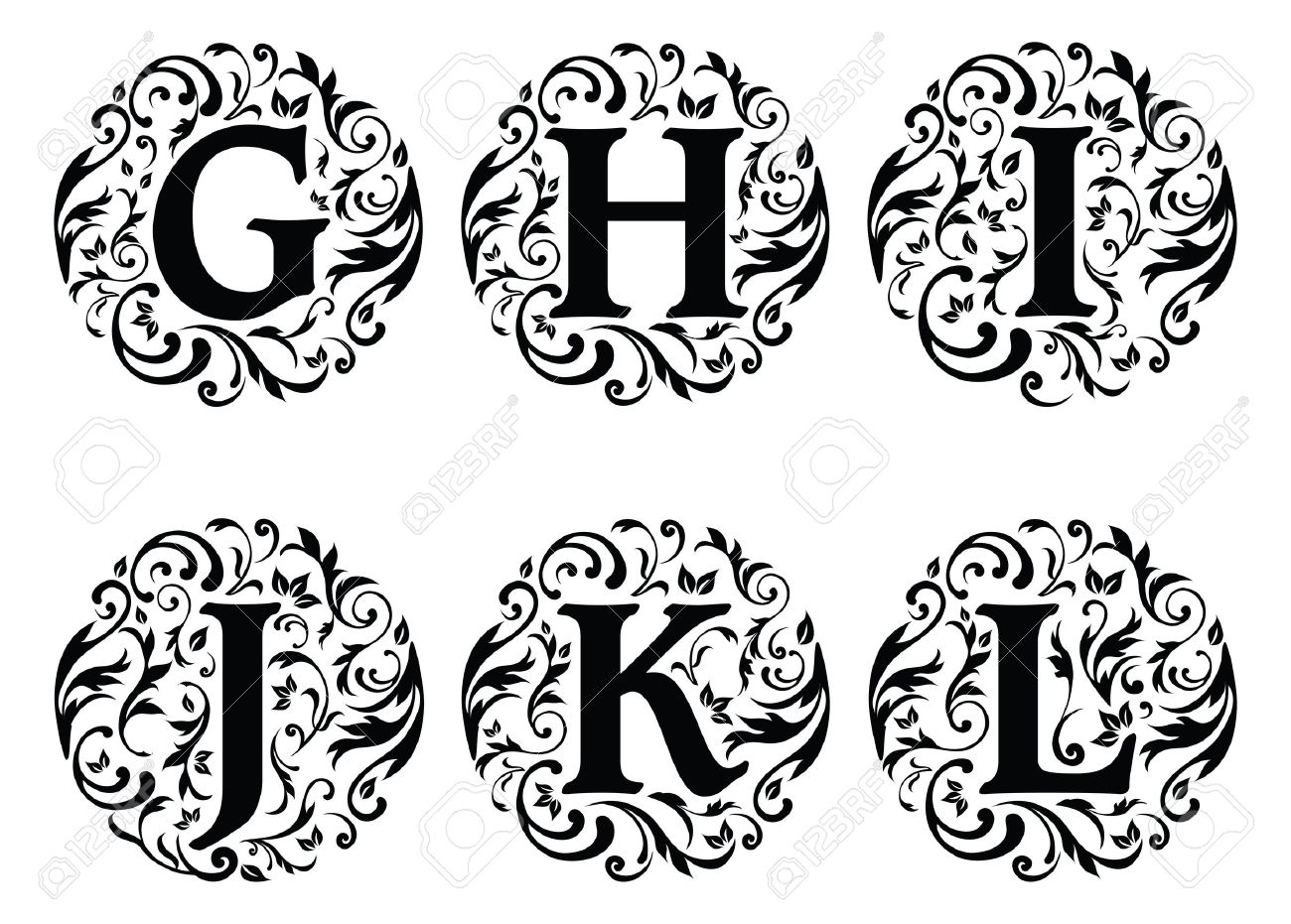 vector illustration of alphabet letters with ornaments isolated