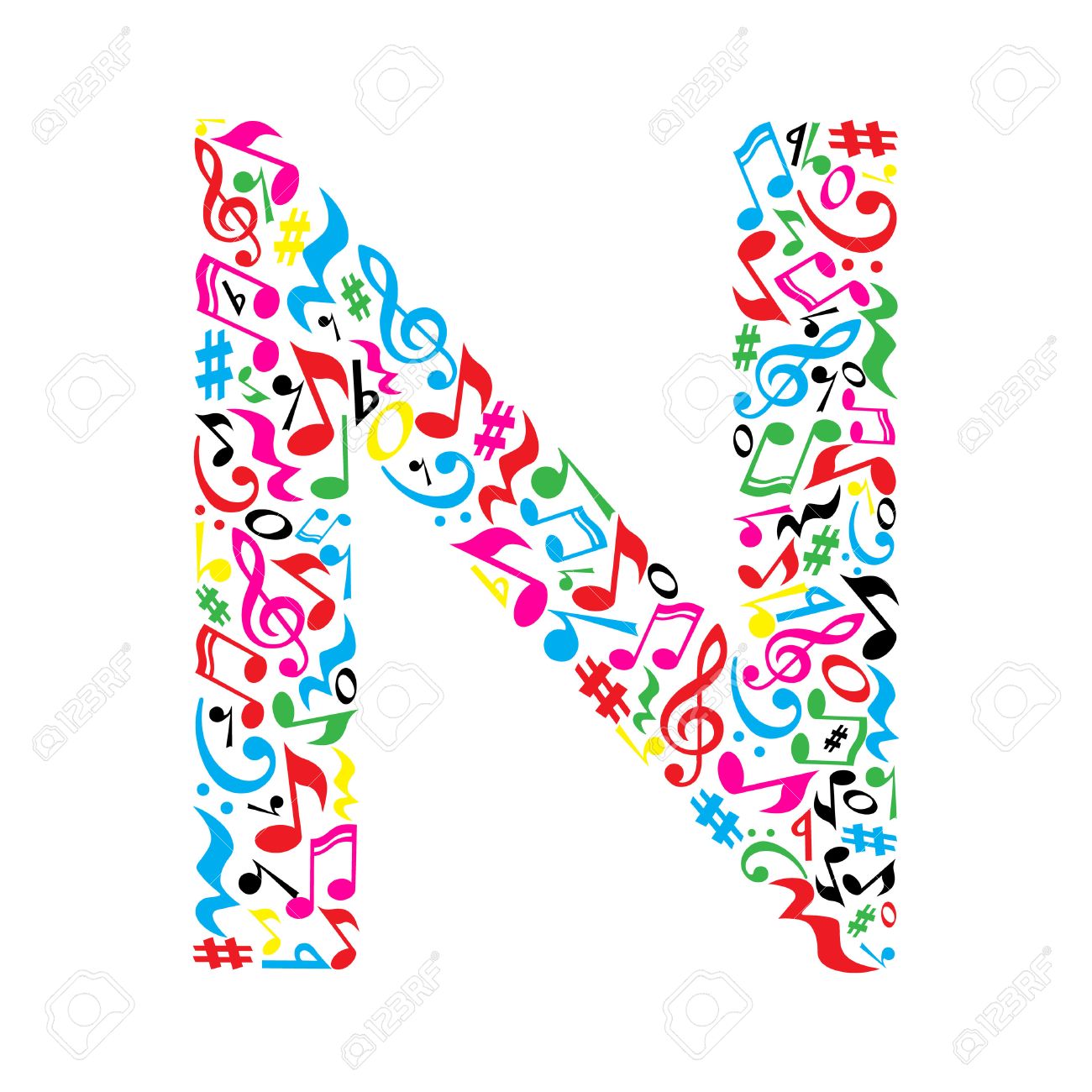 N letter made of colorful musical notes on white background. Alphabet for art school. Trendy font. Graphic decoration. - 57949582 N letter made of colorful musical notes on white background. Alphabet for art school. Trendy font. Graphic decoration. - 57949582