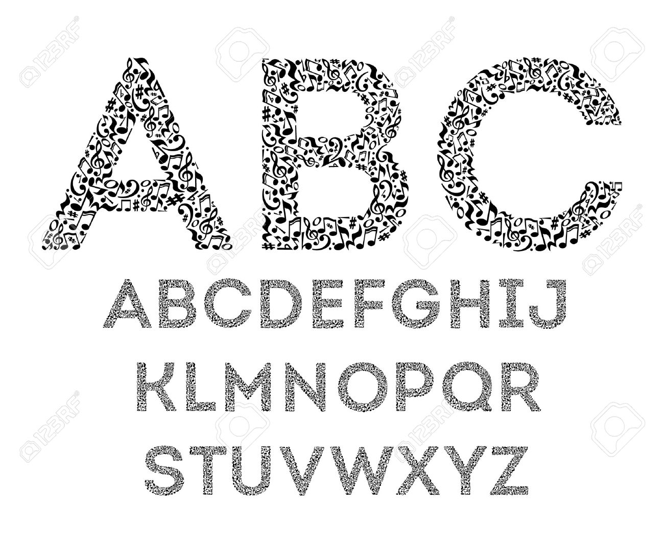 Alphabet From Musical Notes On White Background. Font For Music