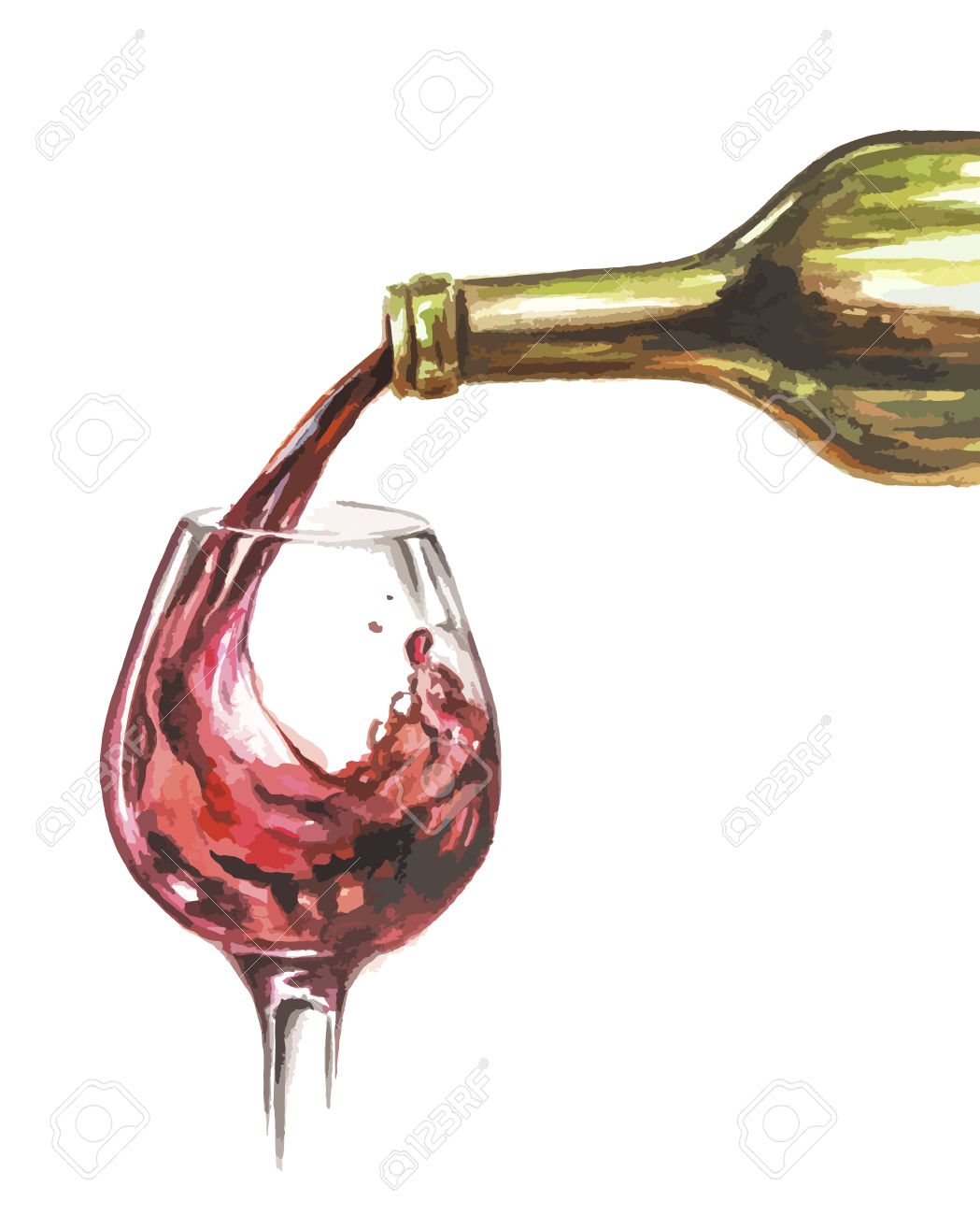 watercolor glass pouring with red wine. restaurant decoration watercolor glass pouring with red wine. restaurant decoration