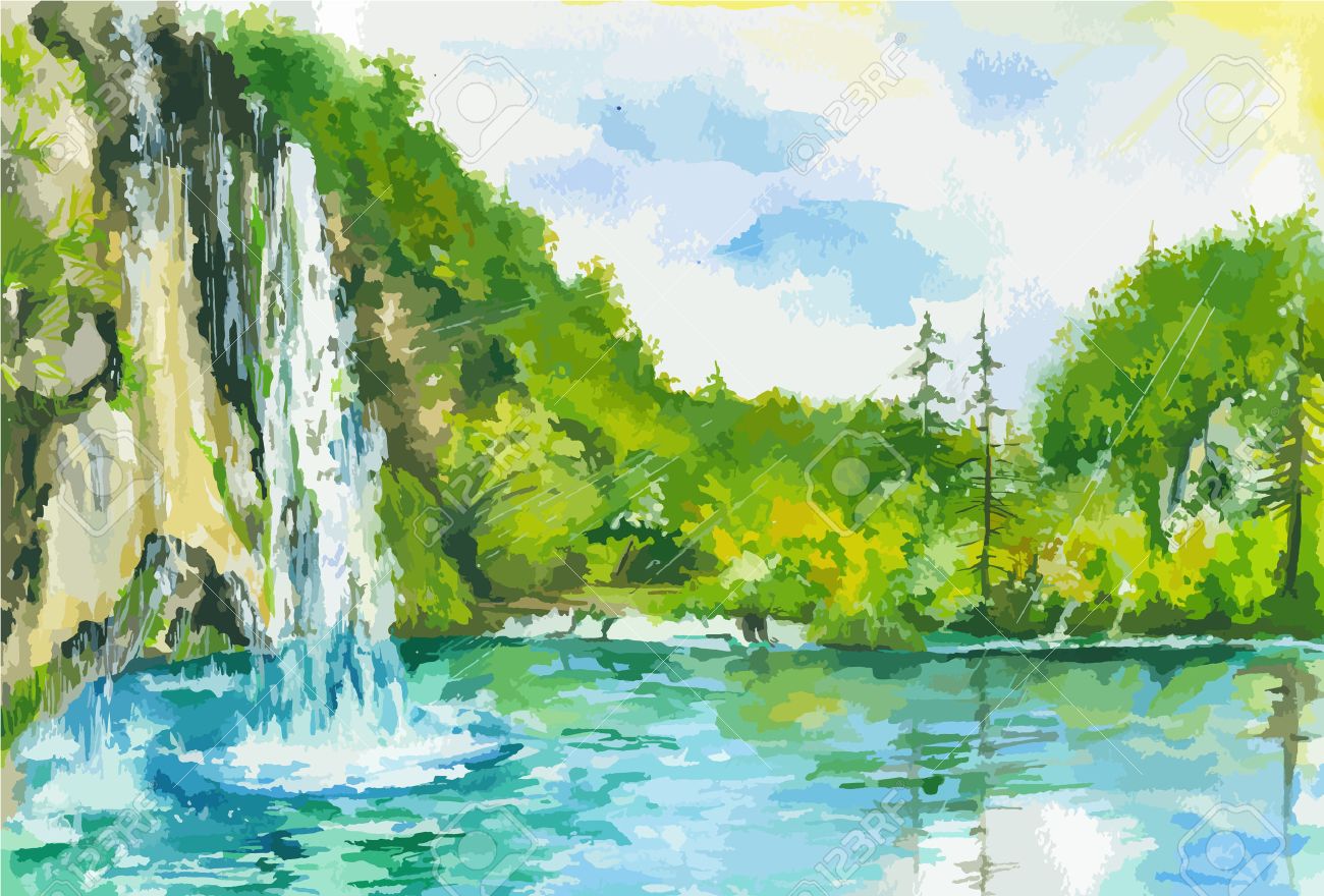 watercolor landscape with waterfall