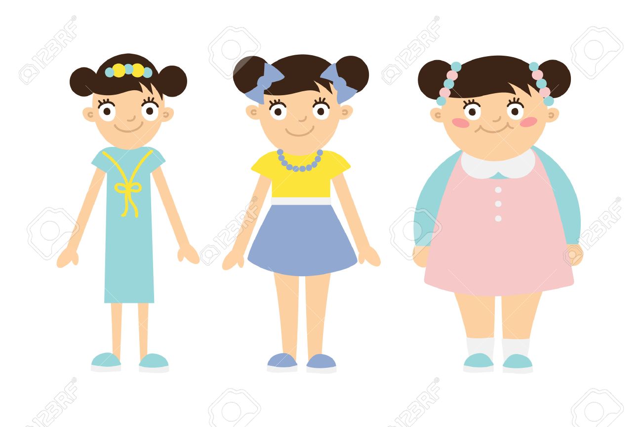 脂肪質の子供に薄い 子供の肥満と食欲不振 白い背景の面白い笑顔漫画の女の子 女の子太ってきて 体重が増え 薄く 得て重量を失います のイラスト素材 ベクタ Image