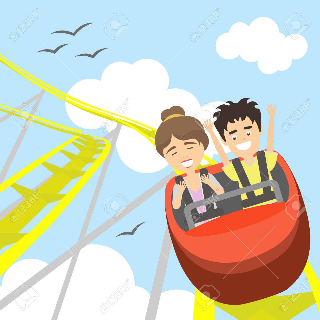 遊園地でジェット コースター 若い男性と女性の笑顔は ローラー コースターに楽しい時を過します 怖いけど 面白いエンターテイメント のイラスト素材 ベクタ Image