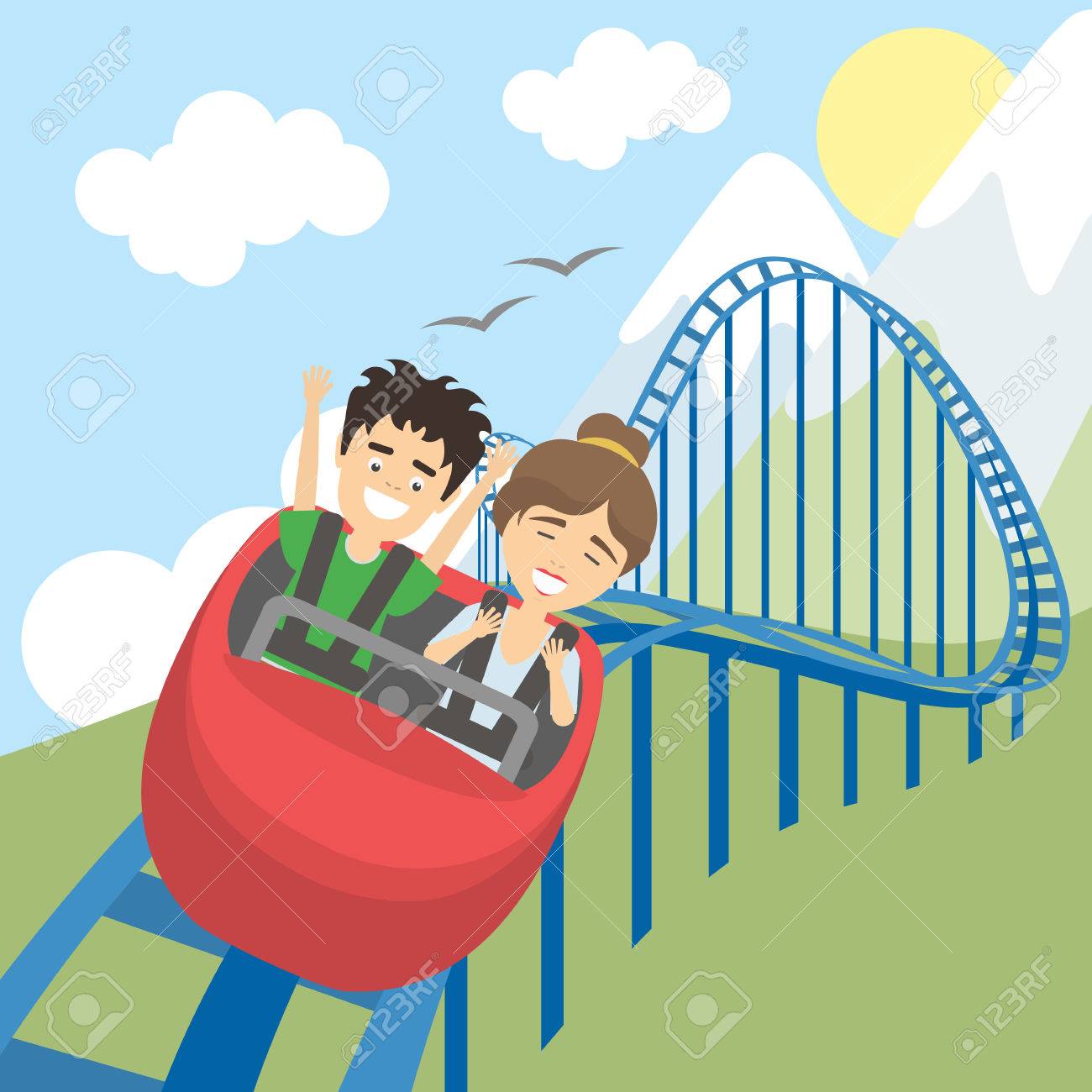 遊園地でジェット コースター 若い男性と女性の笑顔は ローラー コースターに楽しい時を過します 怖いけど 面白いエンターテイメント のイラスト素材 ベクタ Image